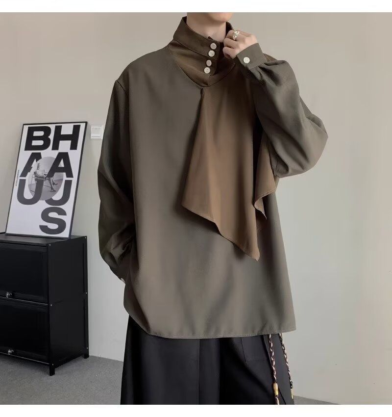 Retro dizaina raibu darbu stila krekls ar stāvapkakli, vīriešu garpiedurkņu, brīvi drapēts krekls pavasarim_voghion.com