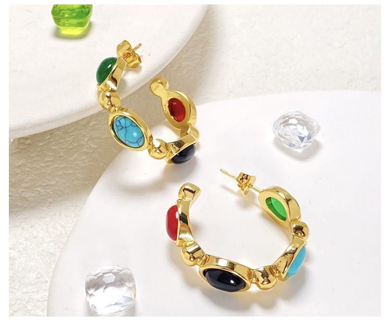 Orecchini da donna in agata multicolore intarsiata a forma di C, in acciaio al titanio, design di alta qualità, popolari orecchini in acciaio inossidabile._voghion.com