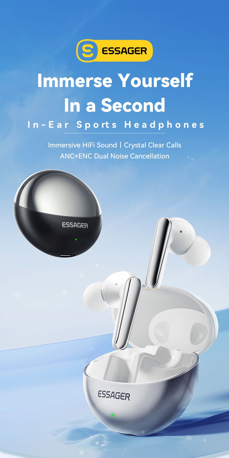 Essager Wireless Bluetooth5.3 Headset Dual Noise Cancellation Touch Control Earbuds With Microphone HiFI Stereo Sound_voghion.com