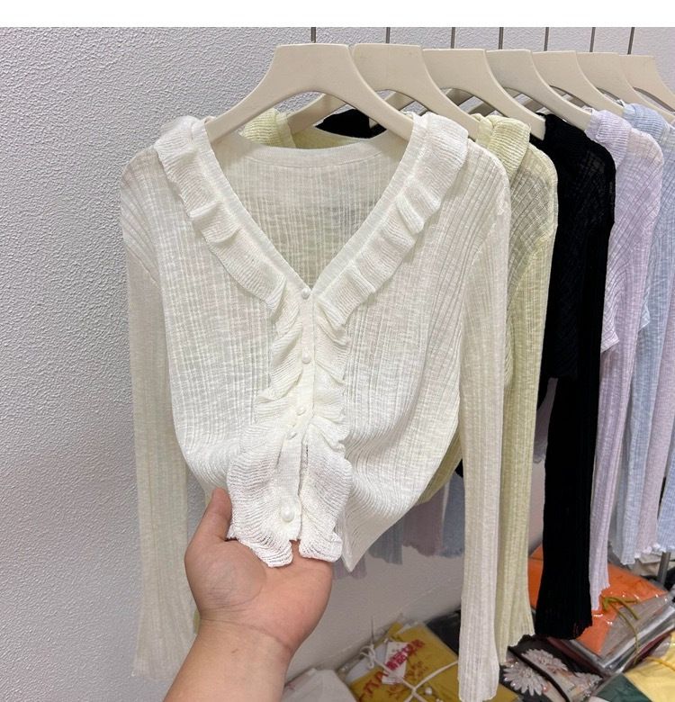 Lotus leaf edge ice silk sunscreen cardigan thin design for women's summer high-end feeling, shawl with suspender skirt,_voghion.com