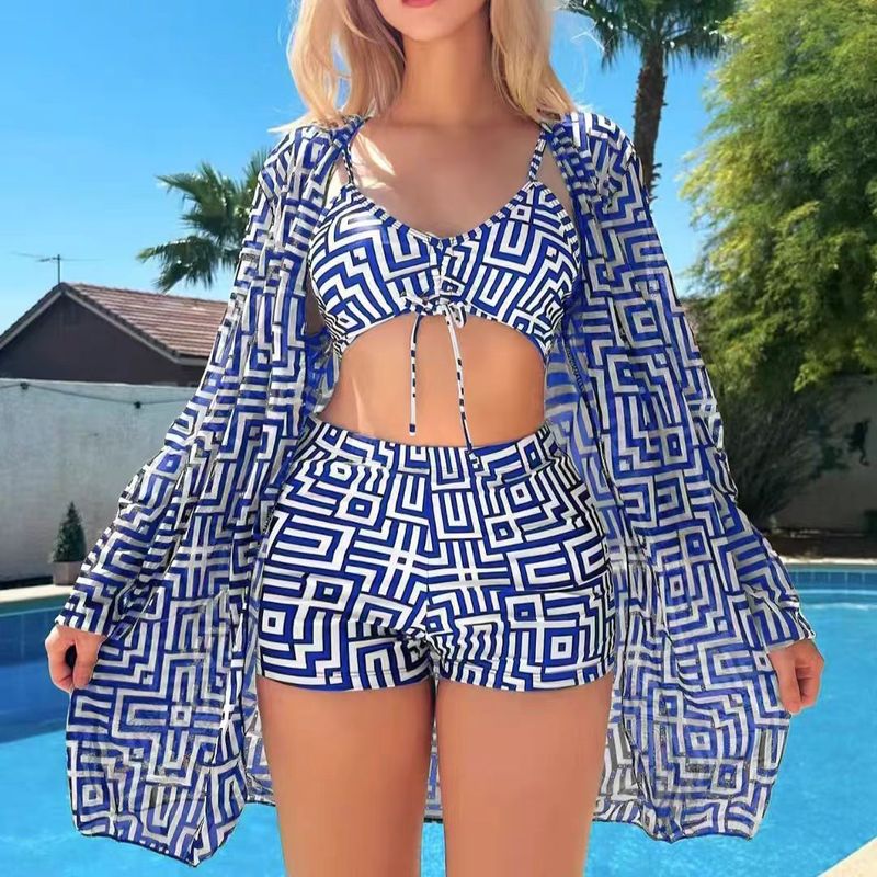 New Women's Two-Piece Swimsuit With Gathered Ruched Top And High-Waisted Swim Shorts Three-Piece Set_voghion.com