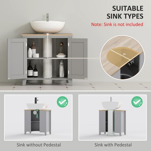 kleankin Bathroom Vanities, Pedestal Sink Cabinet With U-Shaped Cut-out And Adjustable Shelf, Gray_voghion.com