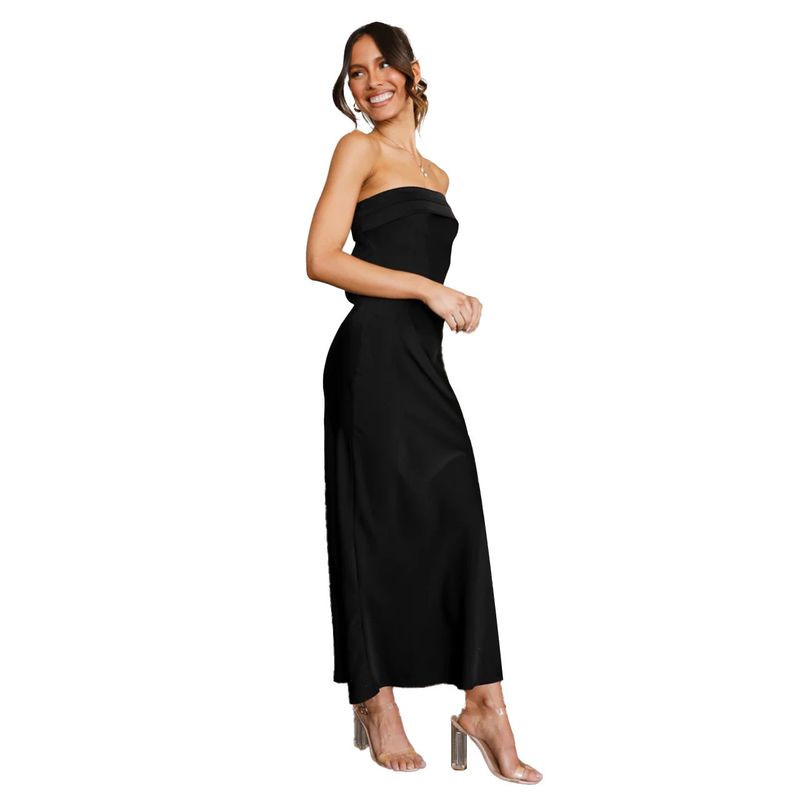 Elegante abito bustier in raso con dettagli in pizzo sul retro - Abito da sera lungo a trapezio per donna_voghion.com