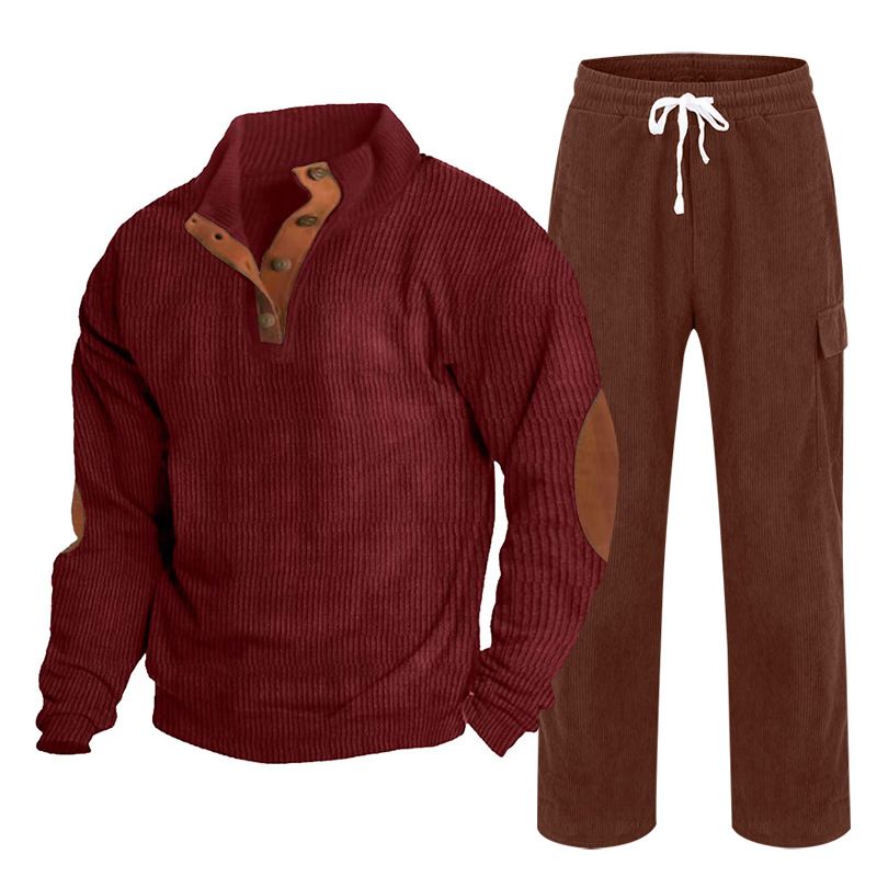 Neue Herbst- und Wintersportbekleidung für Herren, zweiteiliger Cord-Knopf Henry und gerade Hose, Freizeitanzug_voghion.com