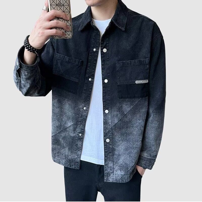 Men's Style Gradient Denim Jacket - Slim Fit Casual Shirt Collar Coat For Spring & Autumn_voghion.com