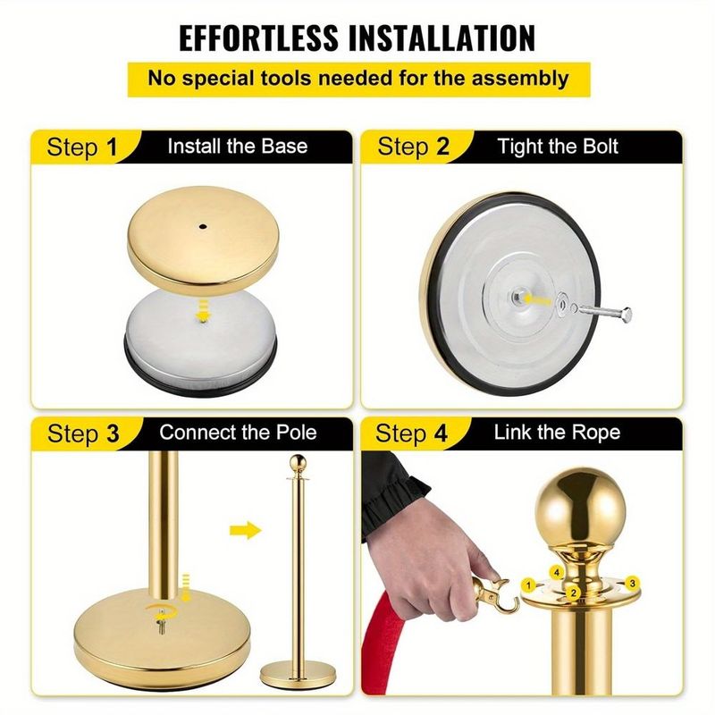 4PCS Premium Stainless Steel Stanchion Posts With 2 Red Velvet Ropes - Adjustable Crowd Control Barriers With Weighted Bases For Events, Weddings, Museums, Theaters & VIP Areas_voghion.com