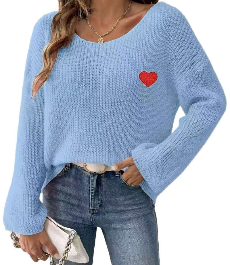 Women's Oversized Valentine's Day Love Embroidery Off-Shoulder Sweater - Cozy Casual Pullover With Heart Applique_voghion.com