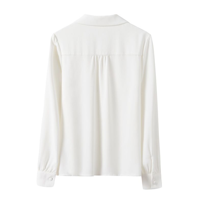 Abbigliamento donna Ripresa reale di una camicia a maniche lunghe primaverile e autunnale, top da donna, scollo a V, maniche a sbuffo, temperamento OL, camicia in raso_voghion.com