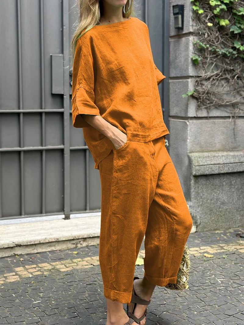 Set da donna in 2 pezzi di grandi dimensioni in cotone e lino con pantaloni larghi a vita alta_voghion.com