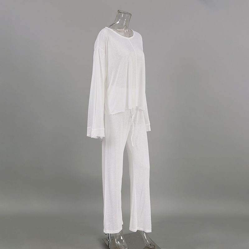 Women's sexy fashion knitted white round neck long sleeved pajamas trousers suit foreign trade soft skin friendly home clothes for women_voghion.com