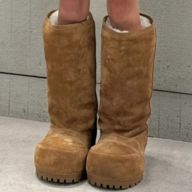 2025 neue Einfarbig Leder High Heel Pelz Stiefel Schnee Stiefel Großen Kopf Dicke Sohle Mode Winter Schnee Stiefel_voghion.com