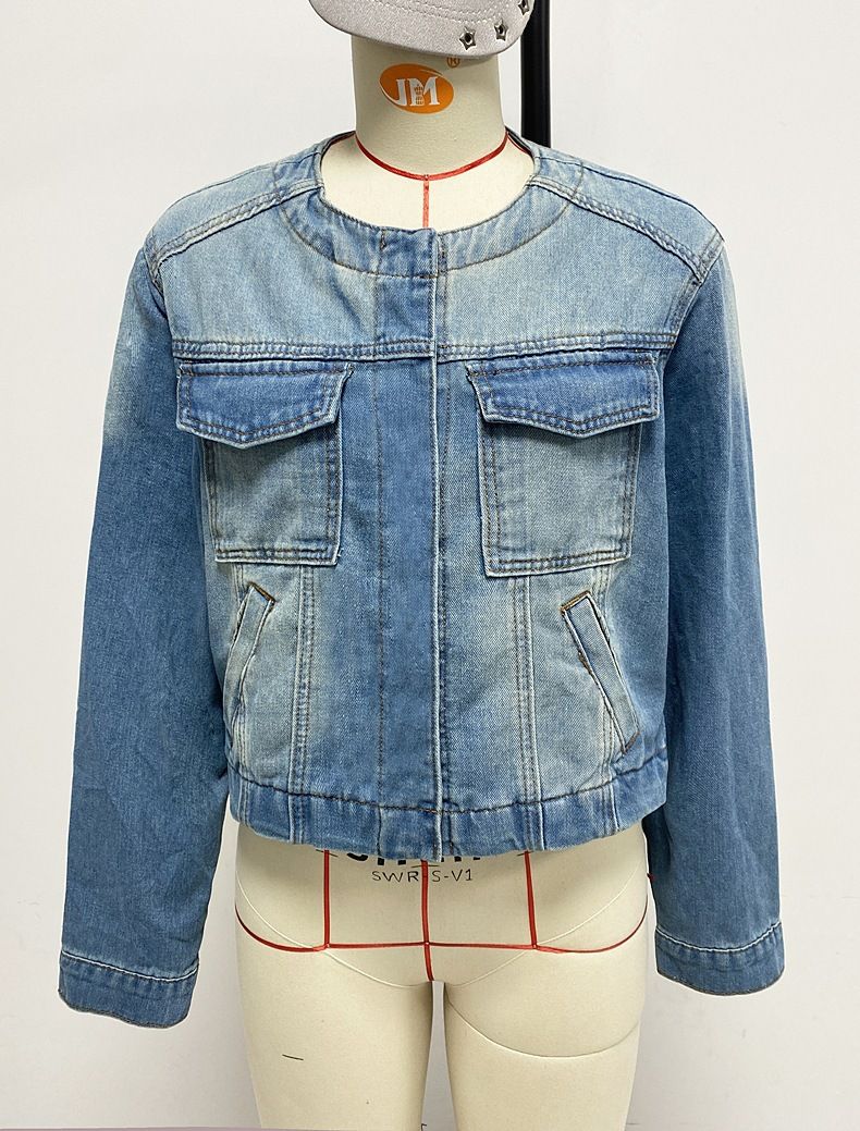 Damenbekleidung Kurze Langarm Retro Arbeitskleidung Multi Pocket Jeansjacke Damen_voghion.com