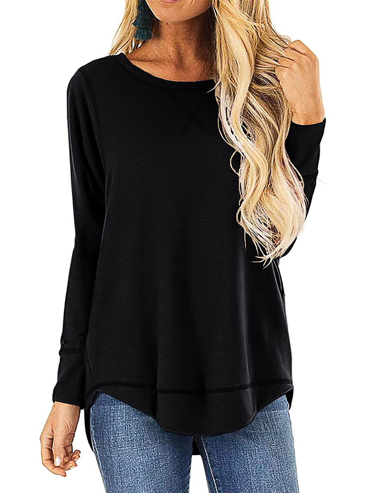 Maglietta casual da donna a tinta unita, nera, a maniche lunghe, con scollo tondo autunnale_voghion.com