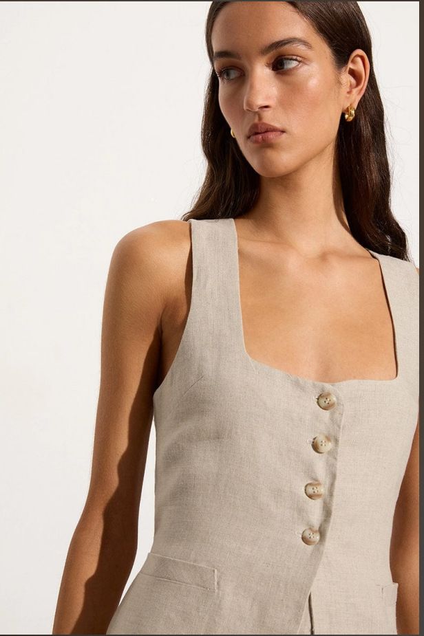 Damenbekleidung High-End-Weste Anzug aus Baumwolle mit quadratischem Kragen, ärmellose Weste, Oberteil und Hose, zweiteiliger Anzug_voghion.com