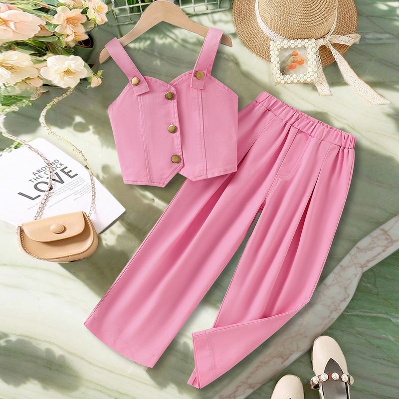 Traje de trabajo para madres e hijos, para niñas, color liso, con tirantes y botonadura sencilla, de mezclilla, talla pequeña y mediana, de dos piezas._voghion.com