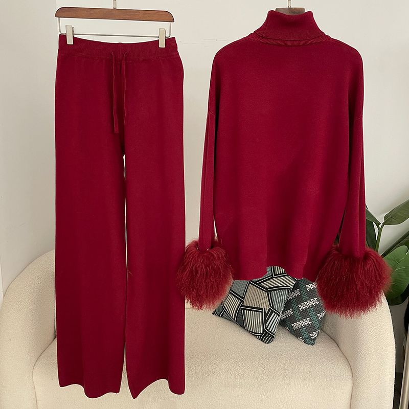 Ensemble en tricot avec poignets en fourrure de renard pour femme – Pull ample à col montant et pantalon large pour l'automne/hiver_voghion.com