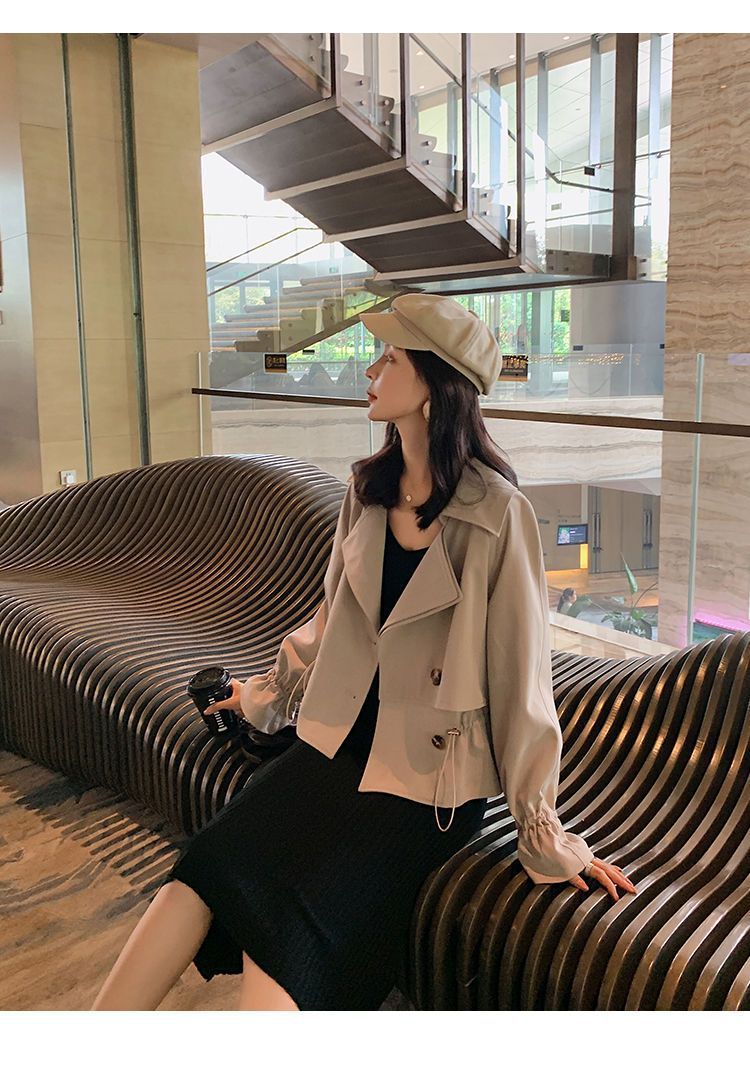 Women's Blazer Jacket Oversized Casual Spring Autumn Short Trench Coat With Waist Tie Petite-Friendly Workwear_voghion.com