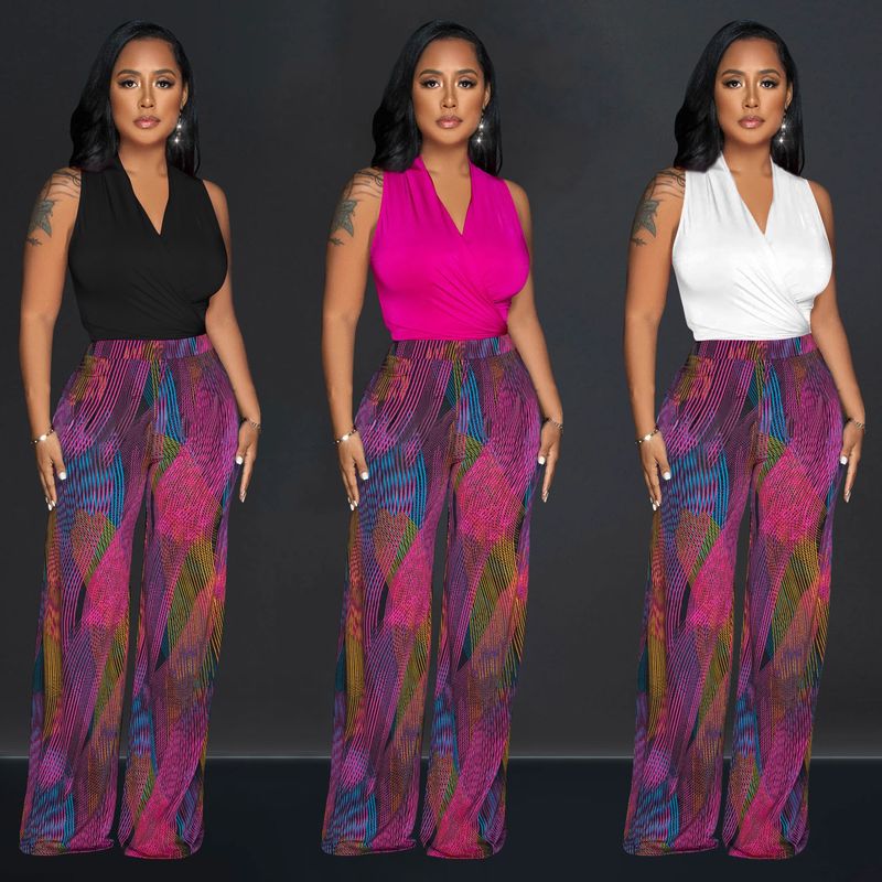 Set di due pezzi di pantaloni senza maniche con scollo a V stampati a colori da donna_voghion.com