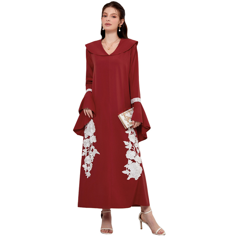 Abito da donna ricamato con scollo a V e maniche svasate_voghion.com