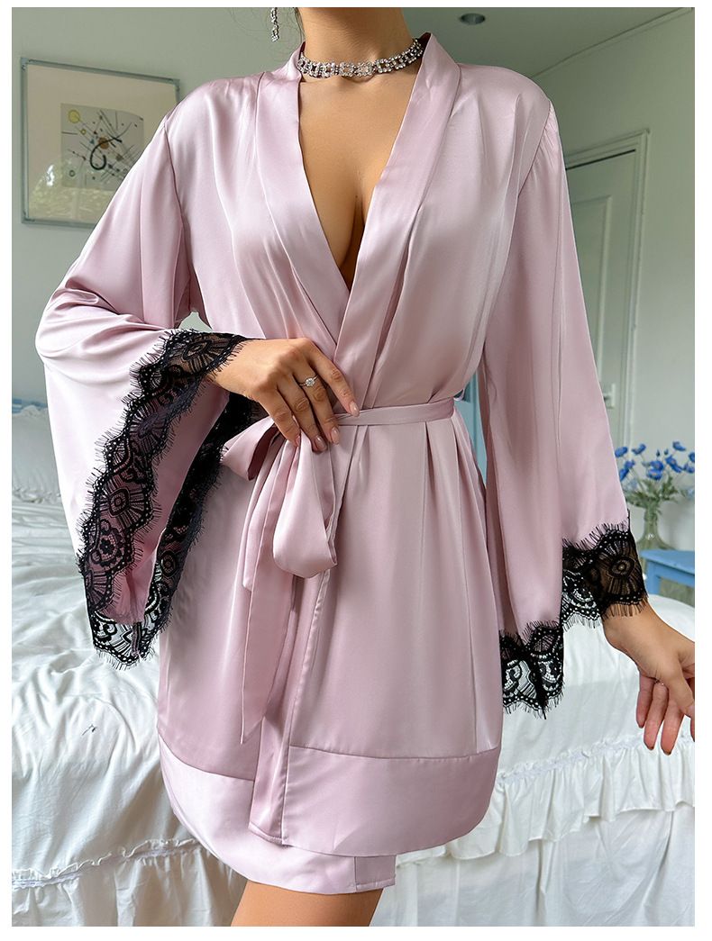 Europäische und amerikanische Cross Border Sexy Nachthemd Medium Bademantel Sexy Pyjamas Damen Langarm Damen Satin Home Kleidung Großhandel 735_voghion.com