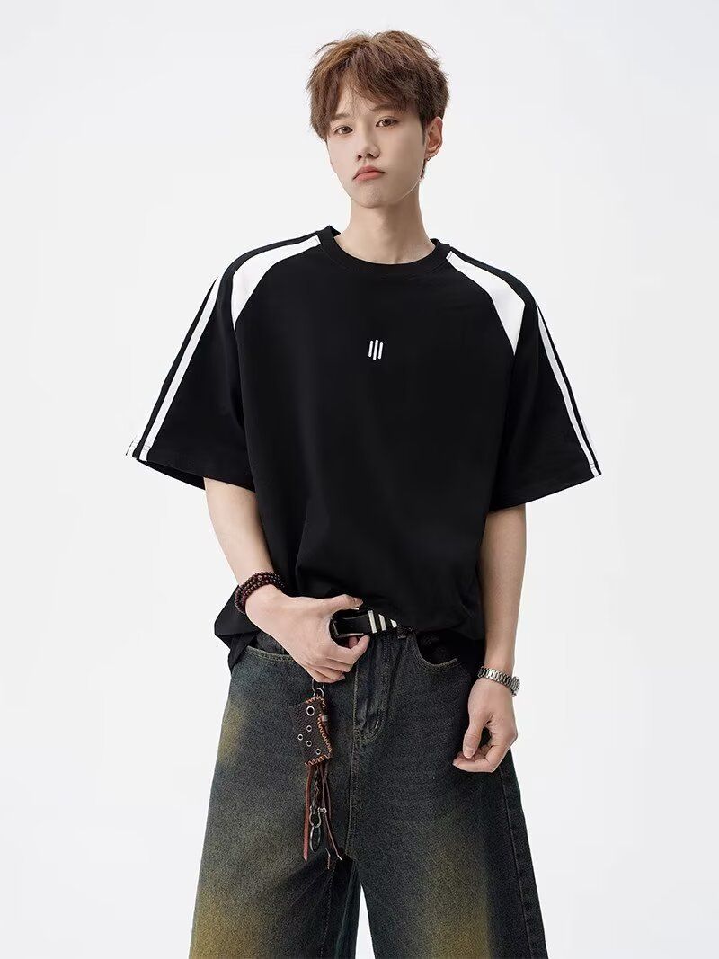 Men's Fashion Short Sleeve T-Shirt Breathable Ice Silk Fabric Relaxed Fit Round Neck Color Blocking Design Versatile Casual Wear For Young Adults_voghion.com