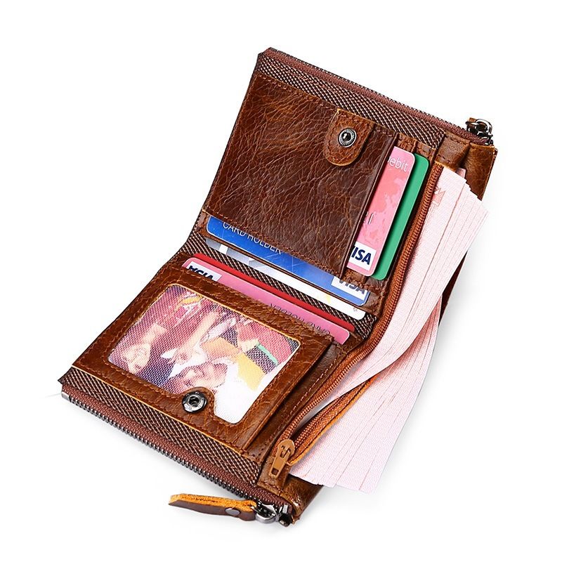 Monedero de piel de vacuno cepillada con doble cremallera y antirrobo RFID para hombre_voghion.com