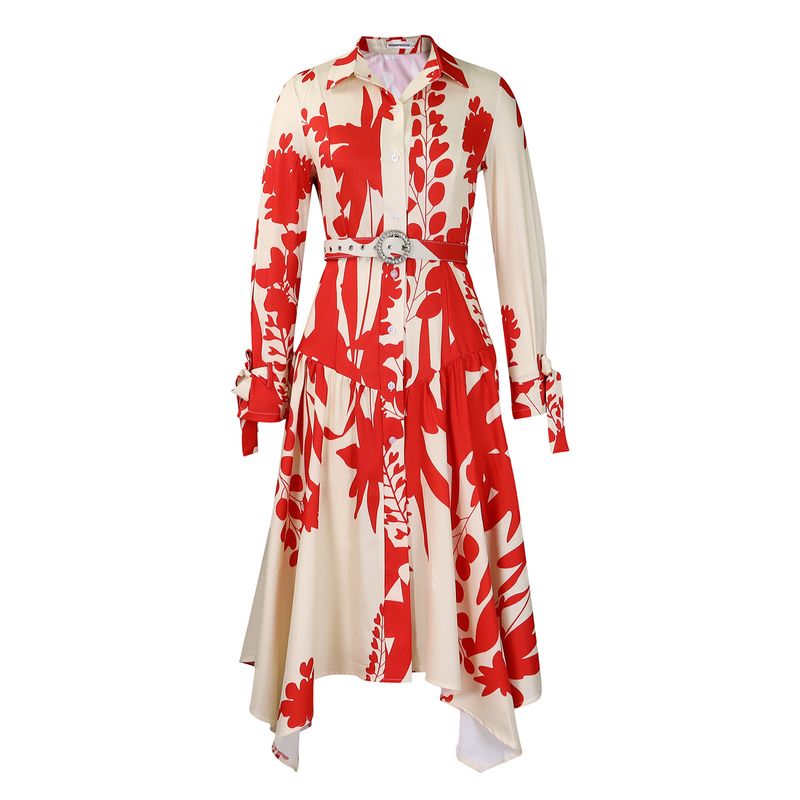 Damen Sommer neues langärmeliges bedrucktes Revers unregelmäßiges lockeres übergroßes Kleid_voghion.com