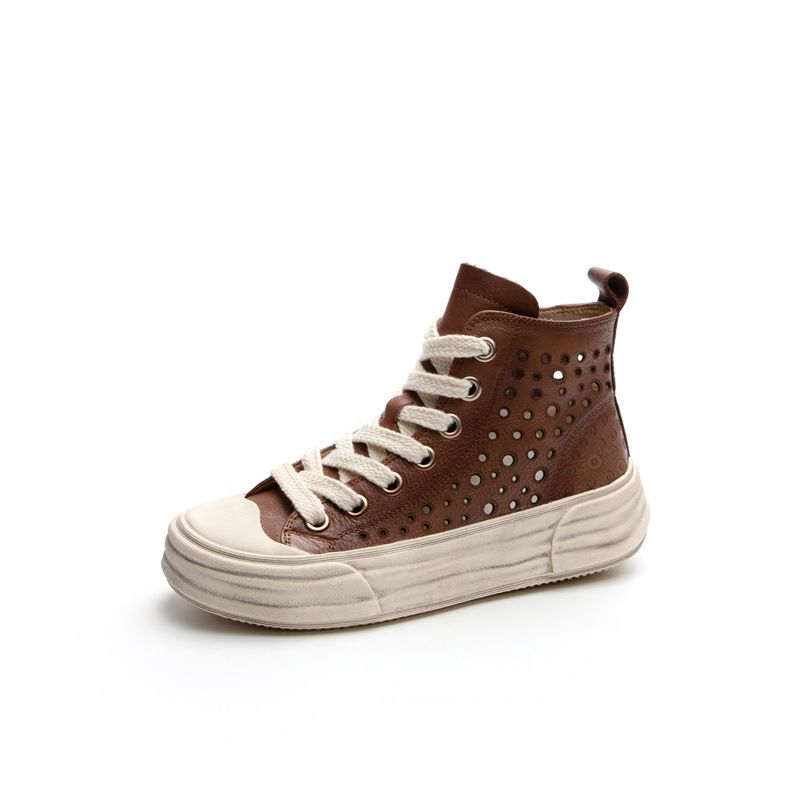 Ccvv2023 Zomer Nieuwe Leren Gat Dikke Bodem Comfortabele En Veelzijdige Hoge Top Mesh Ronde Kopbord Schoenen Voor Vrouwen_voghion.com