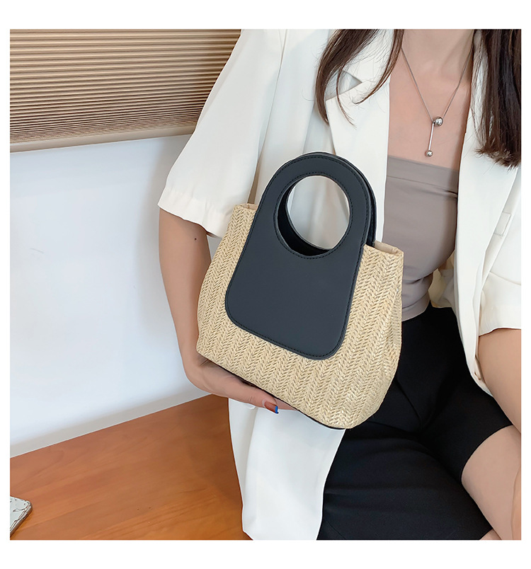 2023 Nuova borsa in tessuto di paglia con pannello a colori retrò a contrasto Borsa in tessuto di grande capacità Borsa a spalla semplice e alla moda_voghion.com