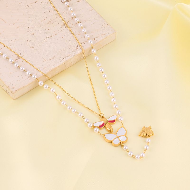 Necklace Women Golden Pendant Necklace Titanium Steel Butterfly Bee Pendant Accessories Pearl Necklace For Women Light Luxury Niche Fashion Sweater C_voghion.com