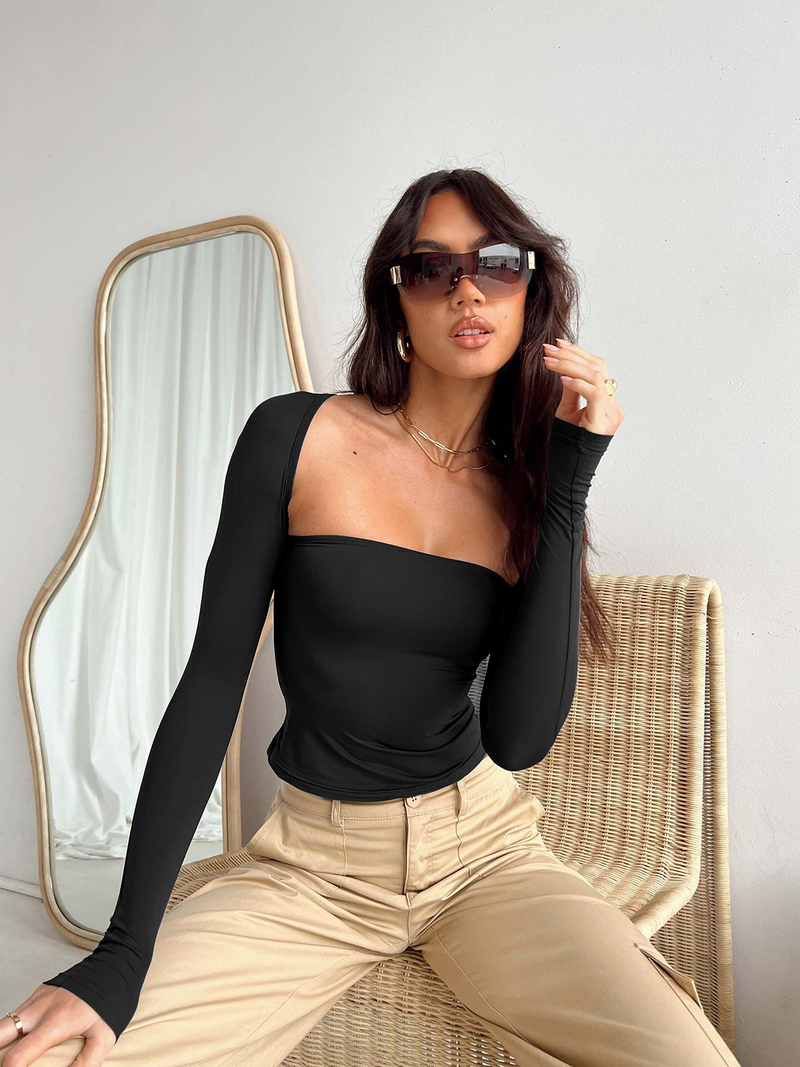 Sexy T-skjorte med tubetopp og langermet tettsittende bluse til dame, todelt sett med topper_voghion.com
