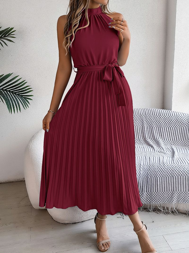Elegantes, ärmelloses Maxikleid mit hohem Halsausschnitt und plissierter Taille für Damen im Sommer – Atmungsaktive Polyestermischung, fließender A-Linien-Rock_voghion.com