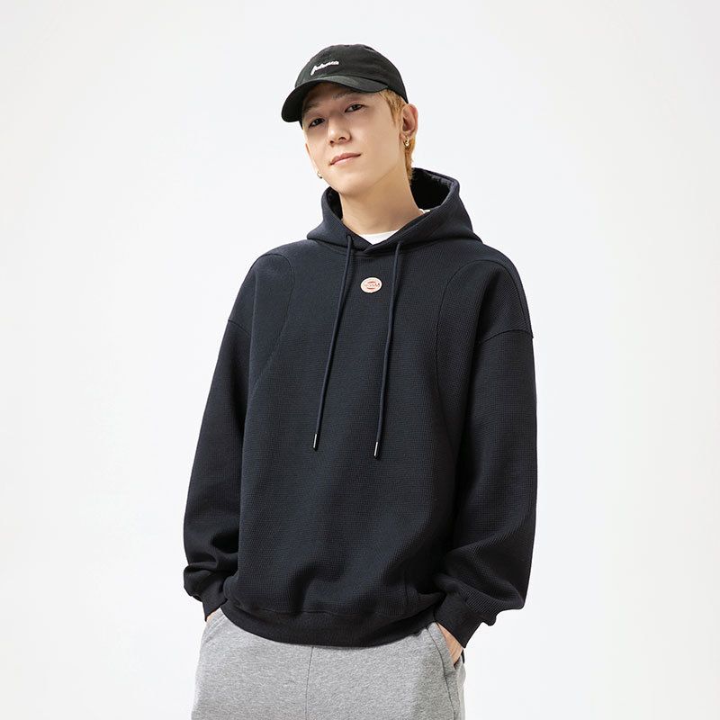 Felpa con cappuccio patchwork tinta unita ricamata ad alta densità stile americano per uomo, vestibilità ampia_voghion.com