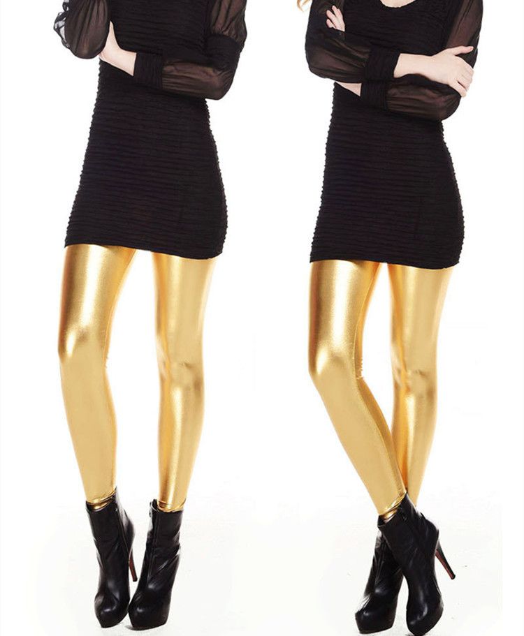 Leggings a nove punti in pelle lucida color oro e argento con struttura in metallo sottile da donna, pantaloni in similpelle da donna attillati e luminosi_voghion.com