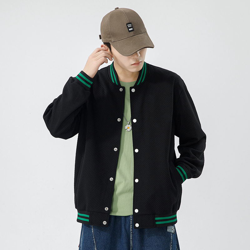 Solid color baseball suit for men's 2024 new Korean version stand up collar button knit jacquard cardigan upper garment_voghion.com
