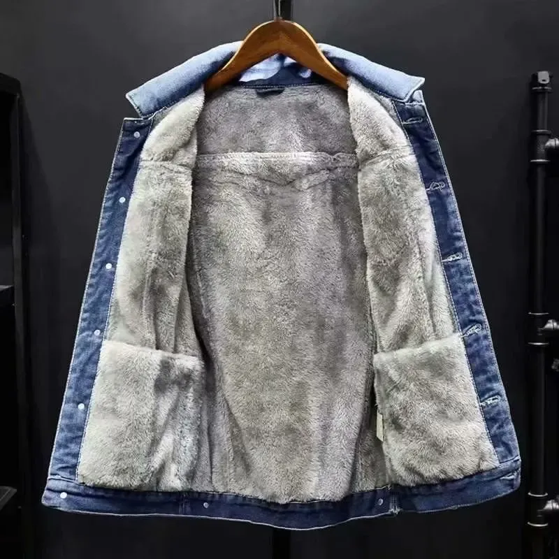 Verdikt denimjack met fleecevoering voor heren, losse pasvorm, warme werkkleding, trendy Koreaanse stijl, veelzijdige vrijetijdskleding in grote maten_voghion.com