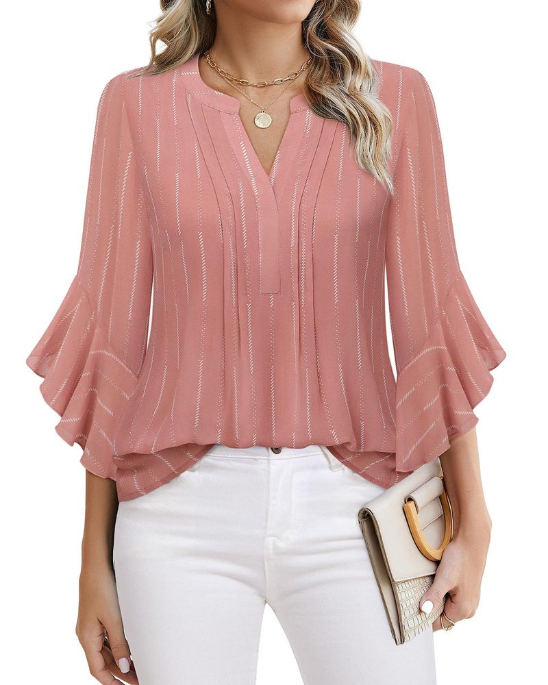 Camicia da lavoro in chiffon con scollo a V, manica a tre quarti, modello Verve Lotus Leaf, tinta unita, casual e alla moda, abbigliamento da donna_voghion.com