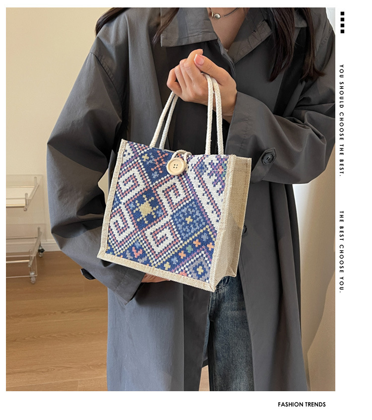 Ethnic Style Canvas Bag for Women, New Fashion for Going Out, Portable Linen Lunch Box, Bento Bag, Hand-held Mommy Bag_voghion.com