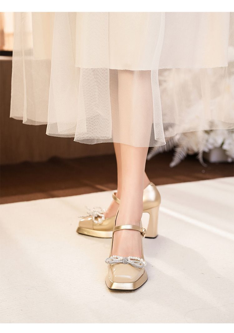 Y9759-096 Color Block Mary Jane Rhinestone Bow Chunky Heel High Heels Lively Elegant Luxurious Dress Shoes_voghion.com