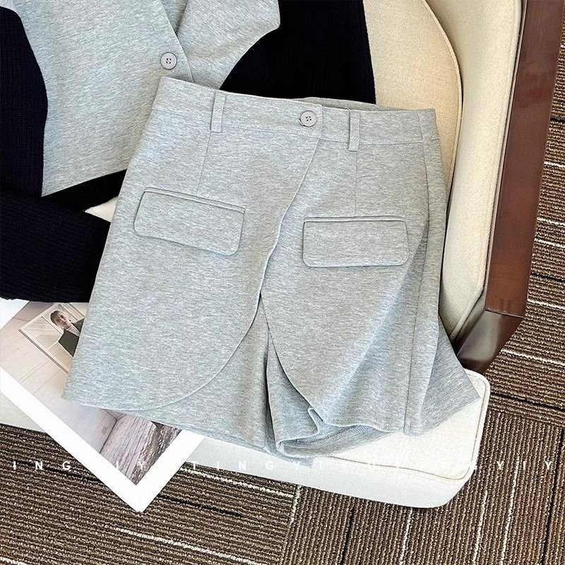 Roupas femininas, terno casual original da moda, suéter feminino com emenda, shorts, terno de duas peças_voghion.com