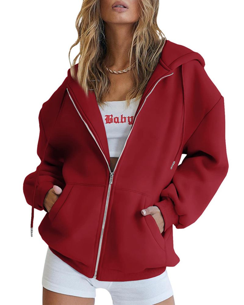 Women's Clothing Women's Cute Hooded Jacket With Drawstring - Oversized Zip-Up Sweatshirt For Teens & Girls - Cozy Fall Outerwear In Multiple Colors_voghion.com