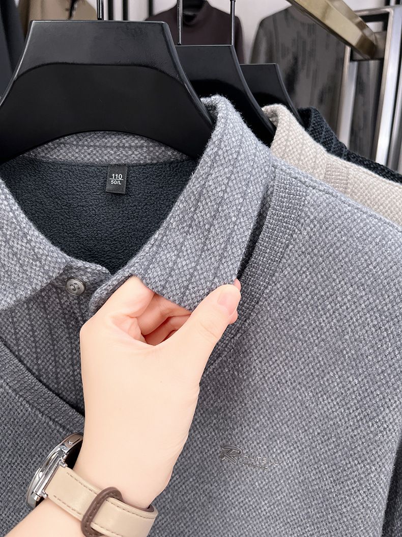 Men's Fake Two-Piece Turn-Down Collar Thickened Sweater Winter New Fleece-Lined Warm Middle-Aged Base Knitwear Top_voghion.com