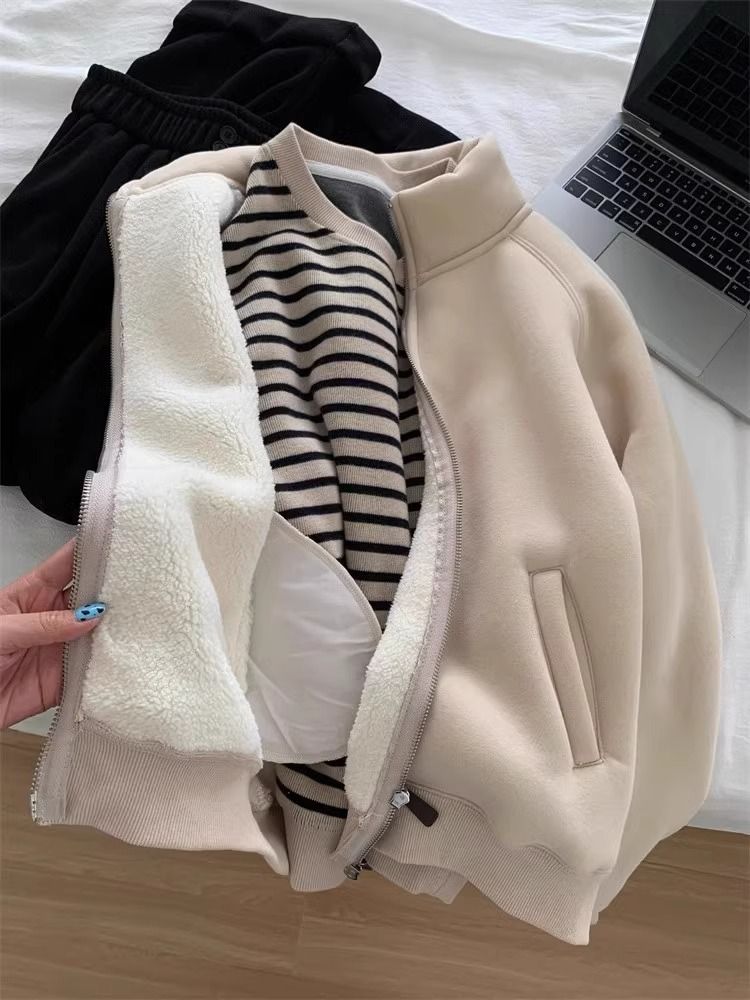 Winter Small Thickened Lamb Wool Sweatshirt Jacket For Women, Commuting Versatile Warm Casual Std Collar Zipper_voghion.com
