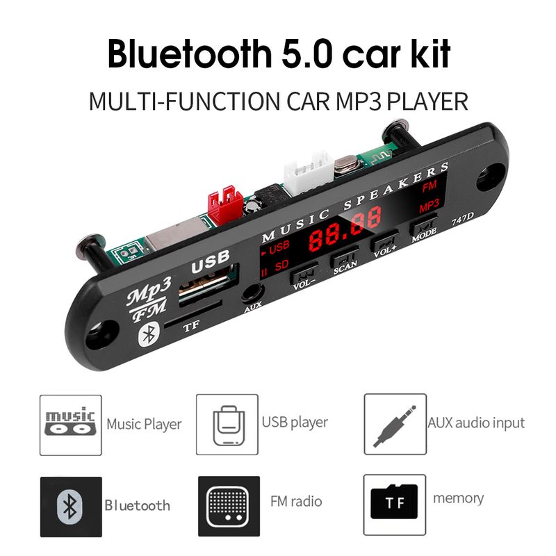 Kit Bluetooth 5.0 6V-24V Placa decodificadora MP3 sem fio WMA Módulo reprodutor de música automotivo Áudio sem perdas USB AUX TF Rádio_voghion.com