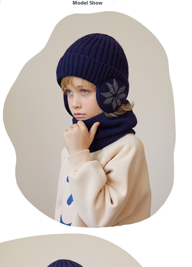 Children's Hat Winter Velvet Neck Set Knitted Wool Hat Men's and Girls' Warm Ear Protection Hoodie Head Cap_voghion.com