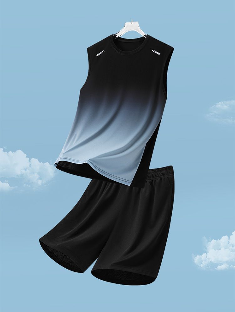 Sportanzug Herren Sommer Herren Freizeitanzug Bedruckter Farbverlauf Lockerer Zweiteiliger Anzug Atmungsaktiv Schnelltrocknende Weste Shorts Herren_voghion.com