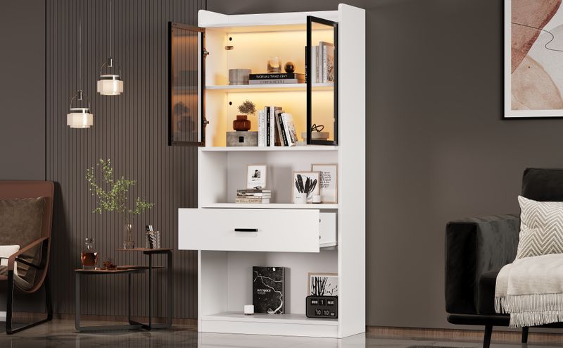 Armoire à curiosités lumineuse, étagères de rangement avec portes vitrées escamotables, grand tiroir et éclairage LED 16 couleurs, vitrine pour objets de collection, bibliothèque de salon, blanche avec cadre noir._voghion.com