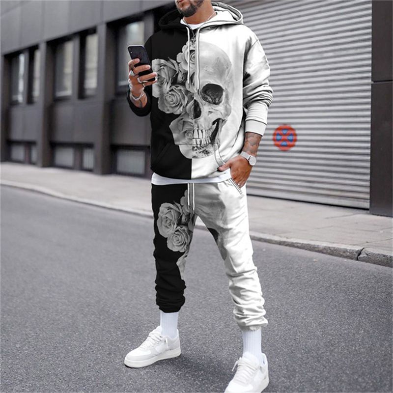 Cross border 2024 foreign trade new men's 3D flame upper and lower color matching print sports sweatshirt suit fitness Europe and America_voghion.com