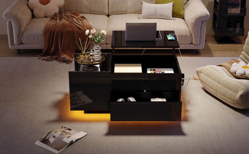 Table basse réglable en hauteur 95 x 48 x 42 cm avec rangement dissimulé, éclairage LED, tiroir et prise de courant - Table d'appoint de salon noire_voghion.com