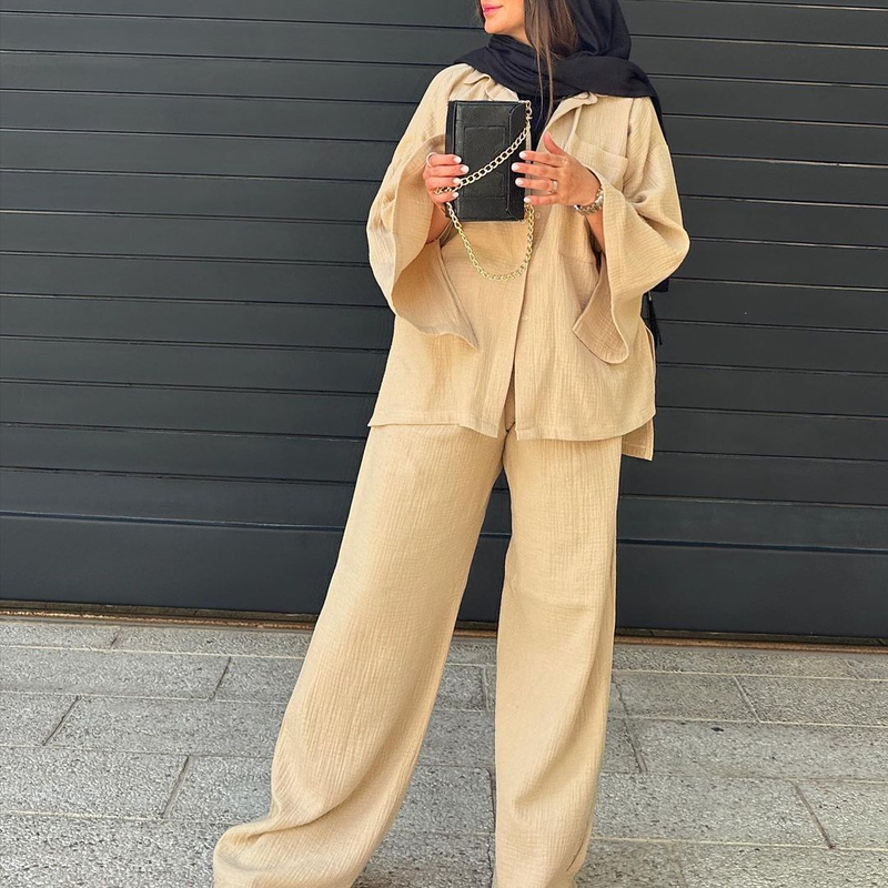 Dameskleding mode los groot maat shirt met lange mouwen en hoge taille broekpak_voghion.com